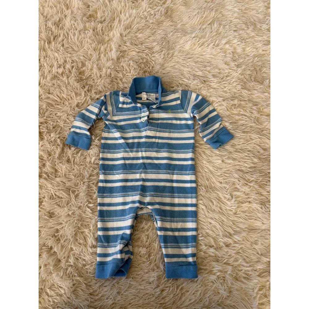 Ralph Lauren Baby Boys Bundle 3 Blue Hooded‎ Romper & Chambray Button Up Set 9M